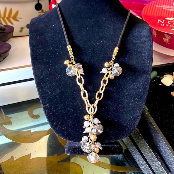 Jewelry - 32” plus extension black leather cord with gold tone linked chain attached to